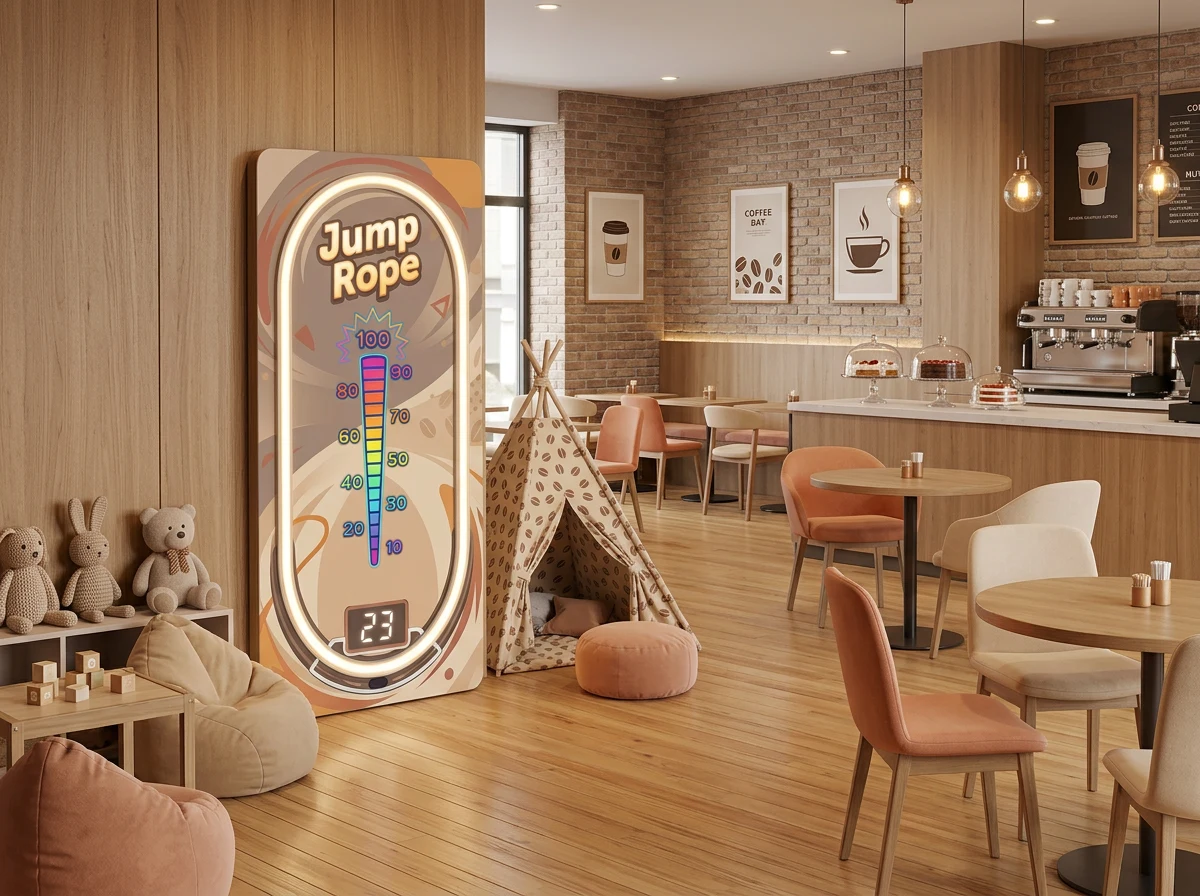 Interactive kids zone in a warm wood-toned café interior