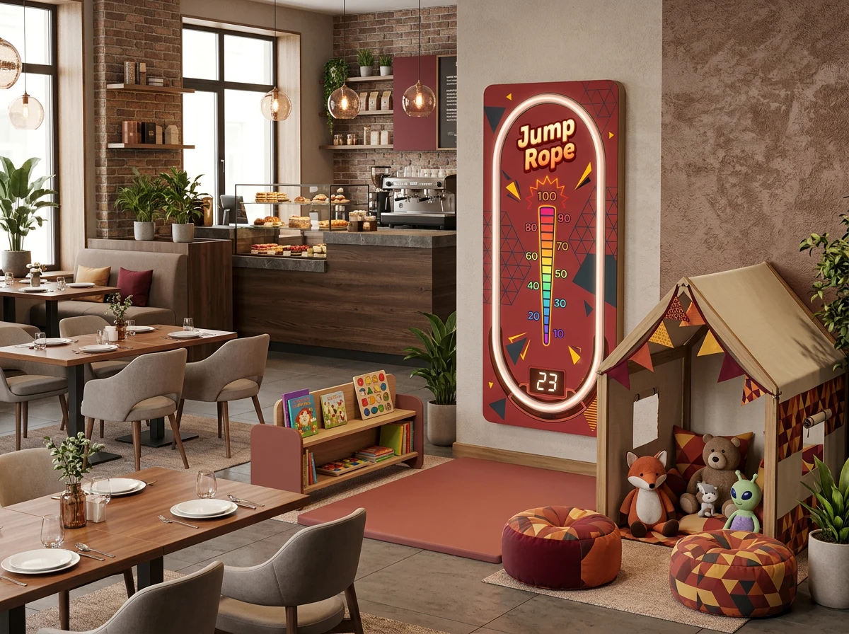 Interactive zone in a warm bistro with a family play corner