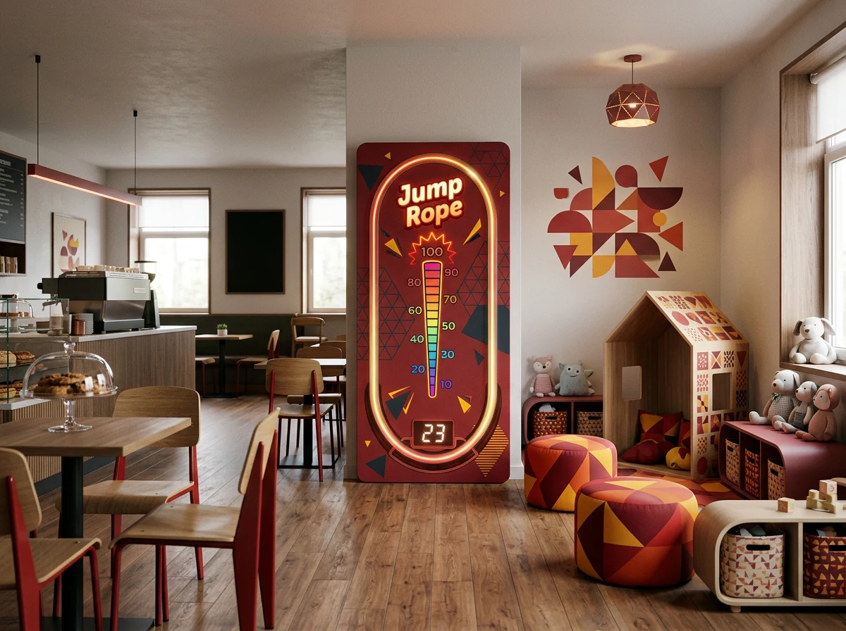 Interactive wall unit in a brick-style casual café