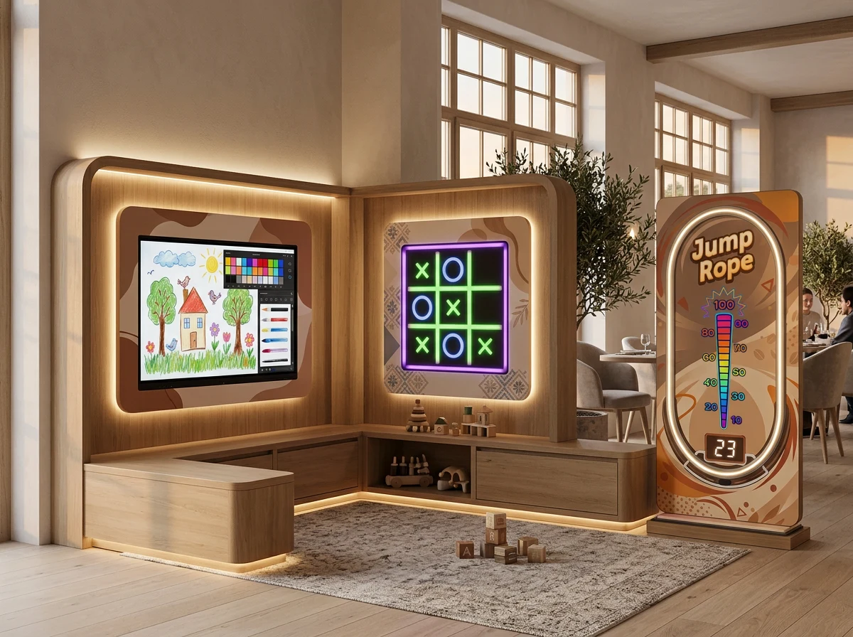Interactive play unit in a warm red-accented café