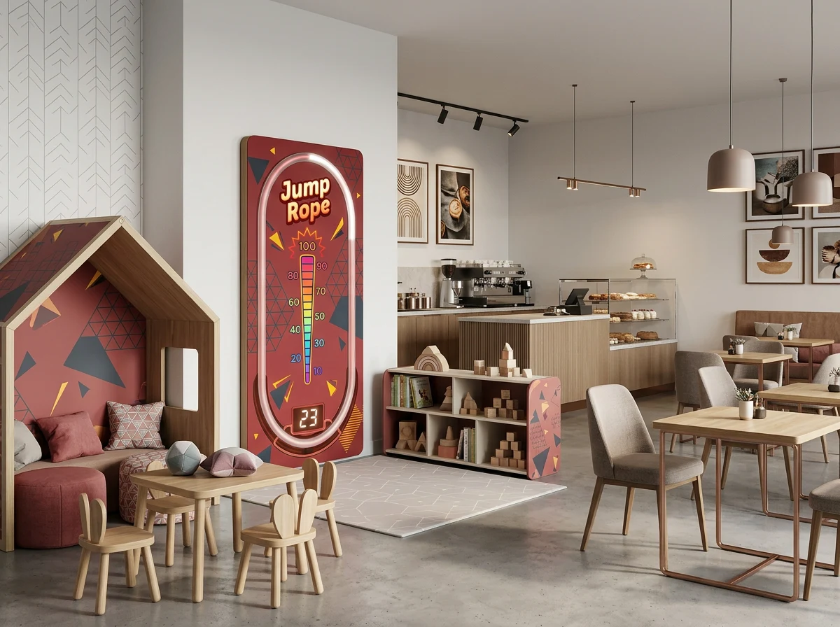 Interactive kids zone in a bright Scandinavian-toned café