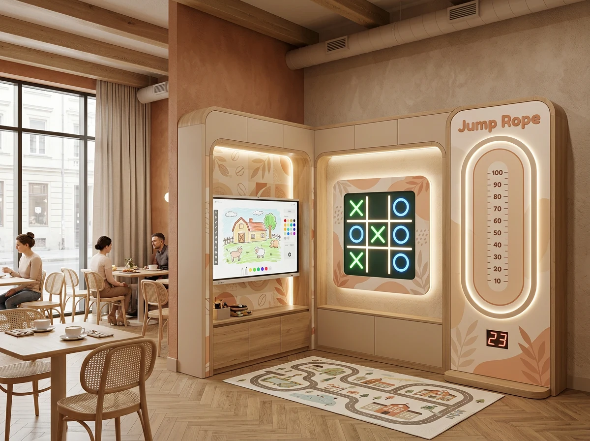 Interactive play corner in a warm-toned family café