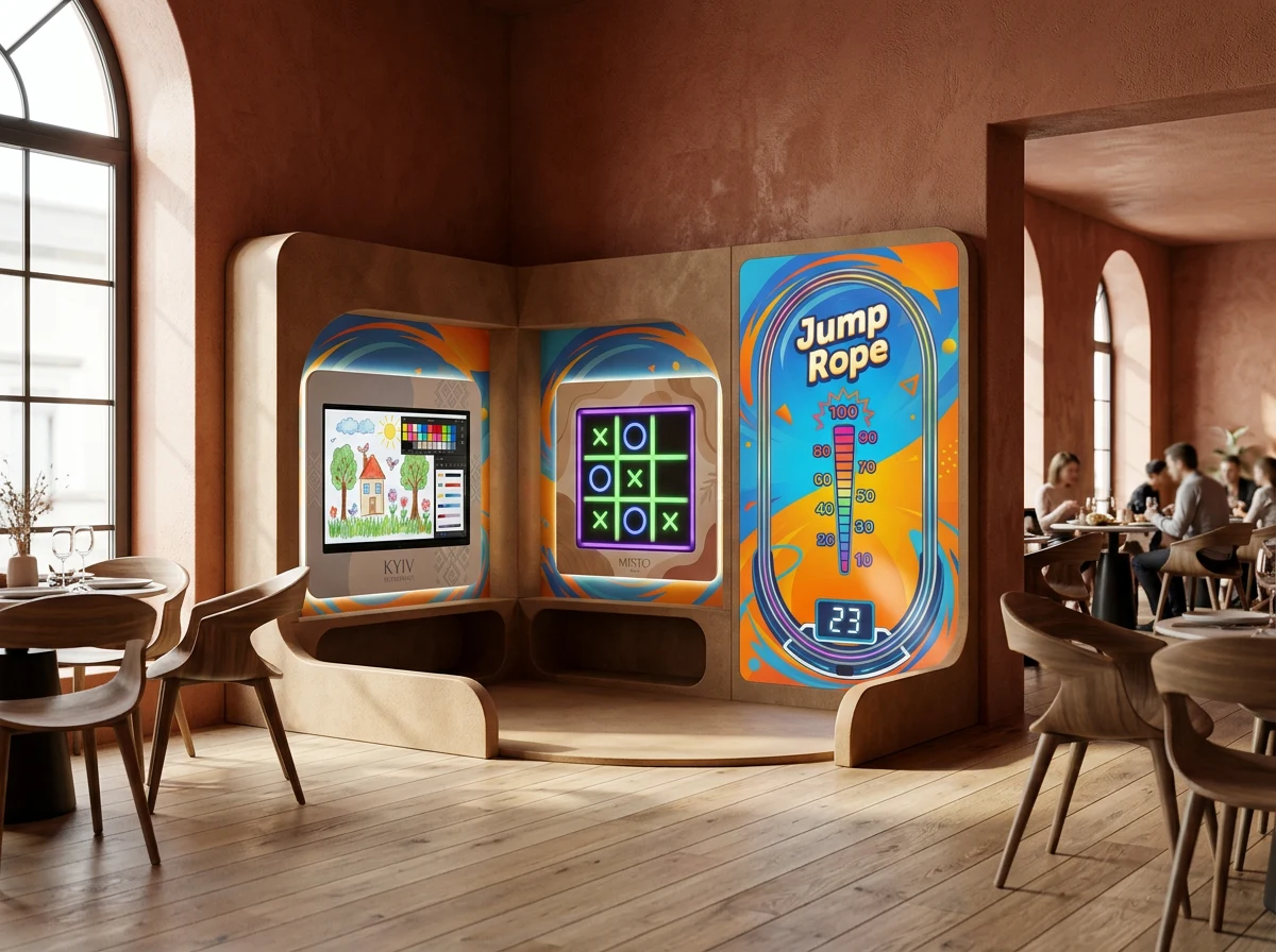 Interactive kids zone in a warm lounge-style café
