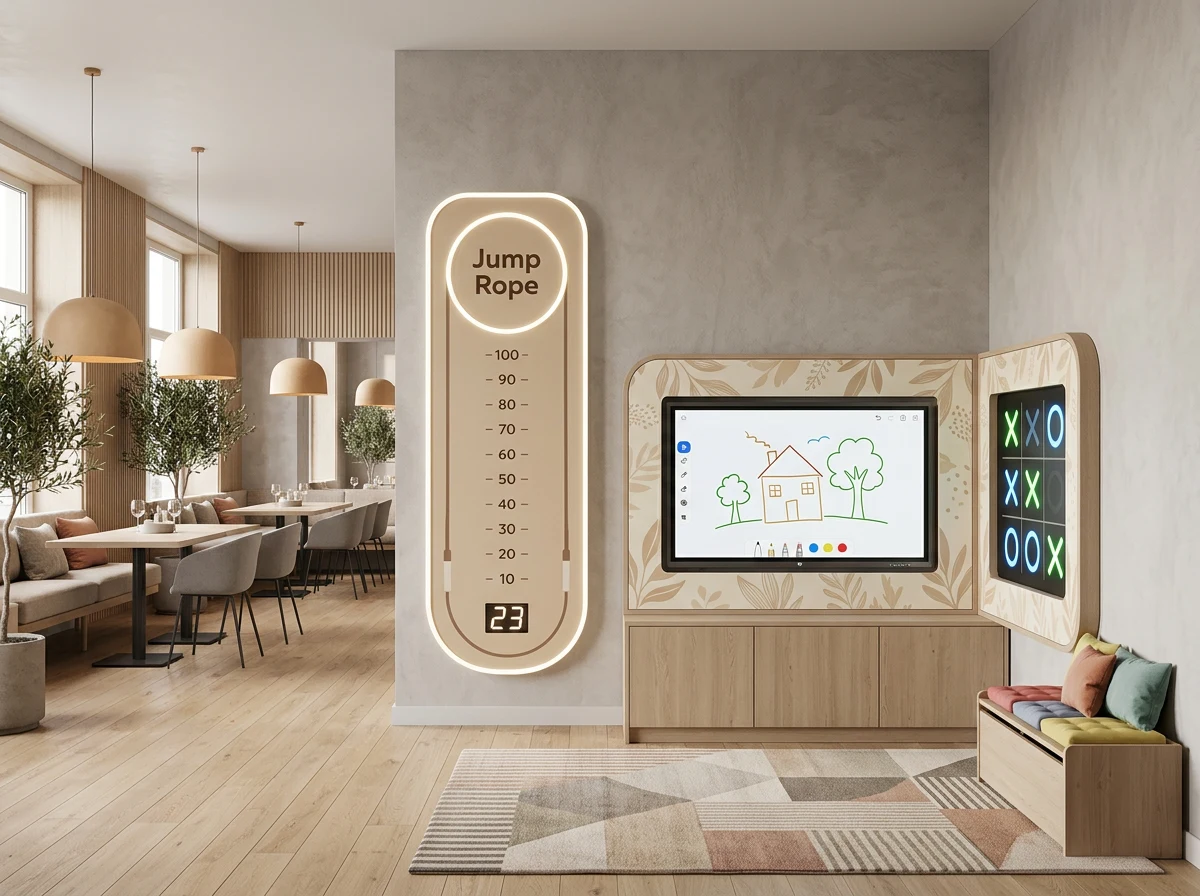 Interactive zone in an open warm-toned restaurant