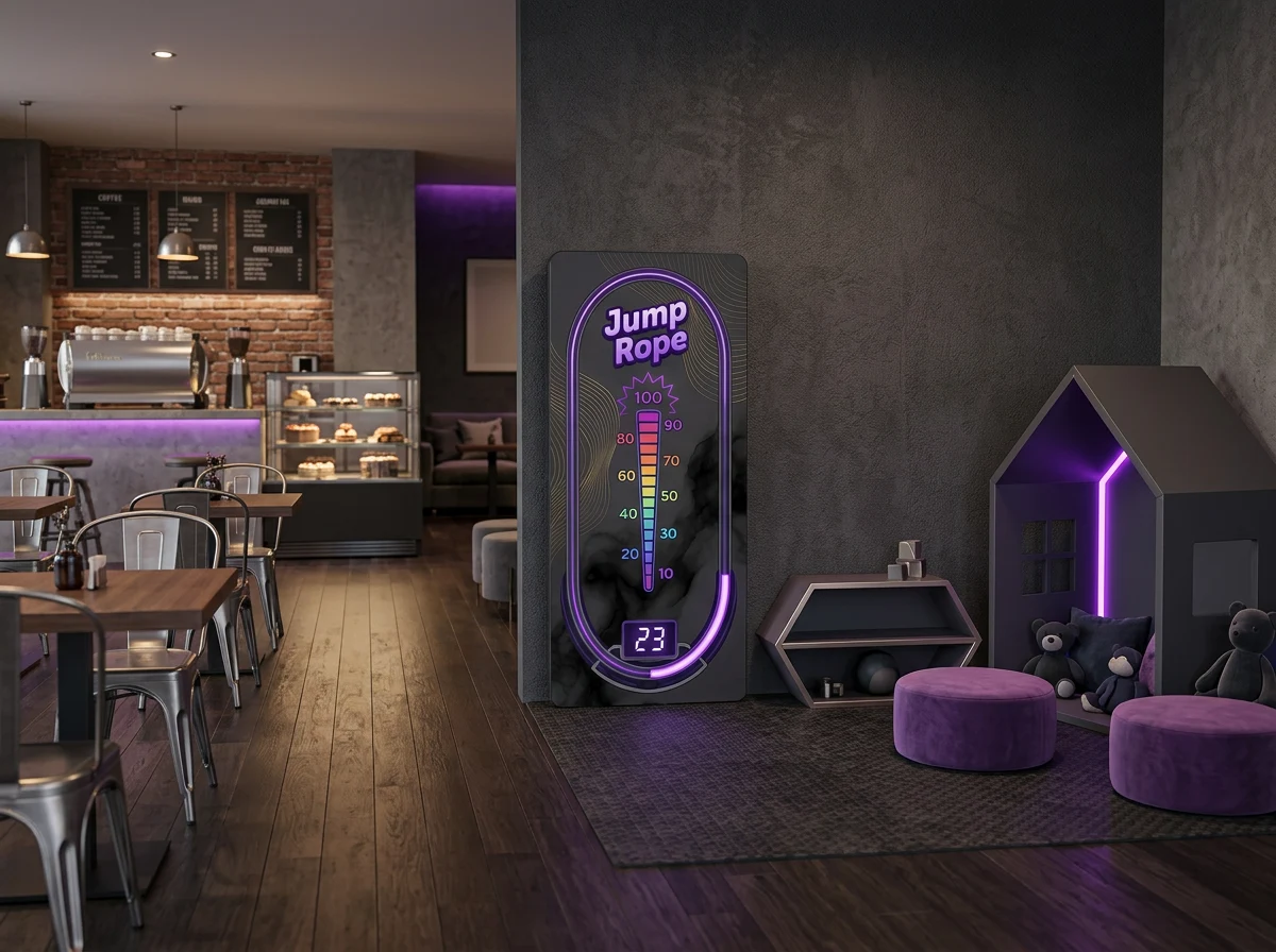 Interactive zone in a dark neon-accented venue