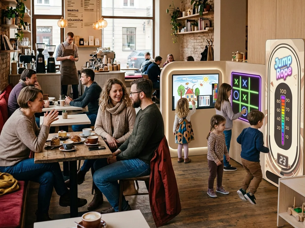 AI concept of a starter interactive cafe zone with three play elements in a cafe